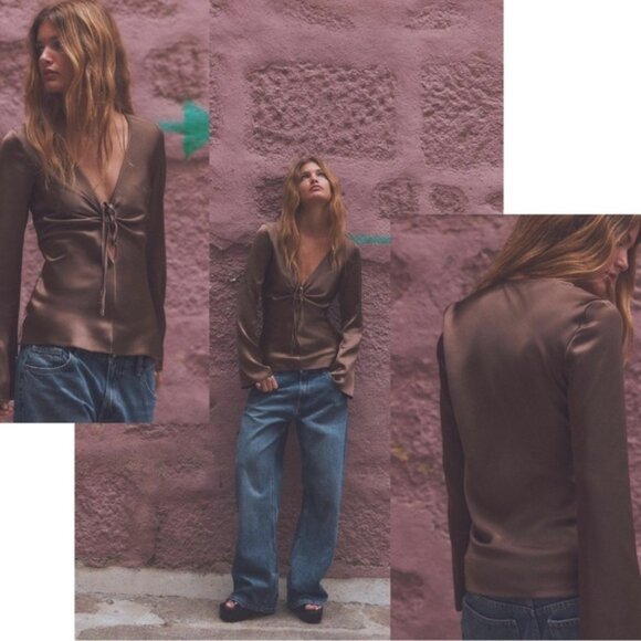 ZARA WOMAN CHOCOLATE BROWN SATIN BLOUSE SHIRT PEEP HOLE TIE BOW FLARE SLEEVE L - Picture 4 of 16